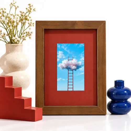 Quadro Decorativo Surreal Escada nas Nuvens Inspirador Home Office Arte Conceitual Moldura