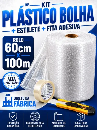 Plástico Bolha 60cm x 100m + Estilete + Fita Adesiva 20 micras