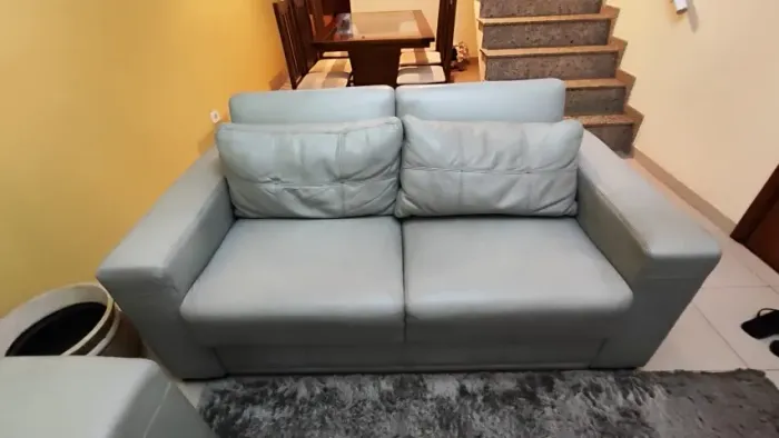 Sofá 2 Lugares Couro Legítimo Azul Cinza Design Moderno Ótimo Estado
