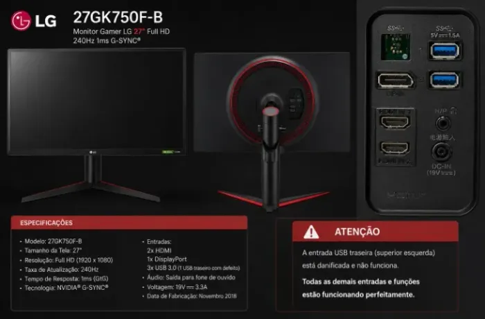 Monitor Gamer LG 27GK750F-B 27" Full HD 240Hz 1ms G-SYNC/FreeSync