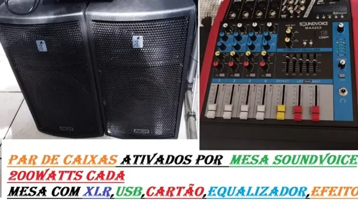 par de caixas ativadas por mesa soundvoice + mesa de som com equalizador Fazemos Entregas 