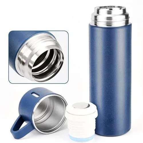 Kit Garrafa Térmica Inox 500ml Com 3 Xícaras Camping Viagem Café - Cores Sortidas