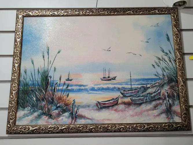 Quadro Paisagem Marinha com Barcos e Gaivotas