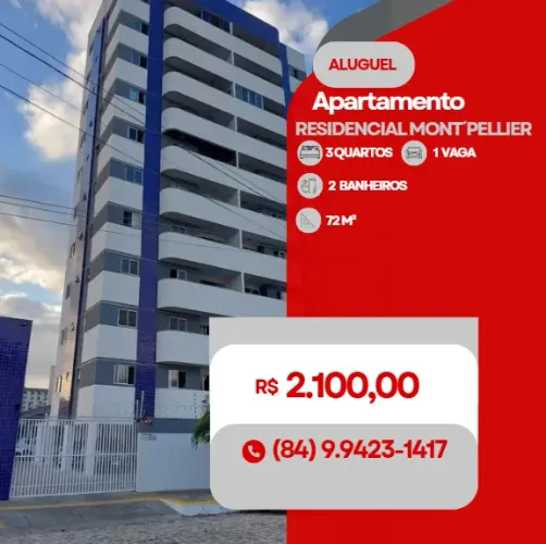 ALUGUEL - APARTAMENTO:  Residencial Montpellier em Mossoró-RN | 3 quartos, 72 m²