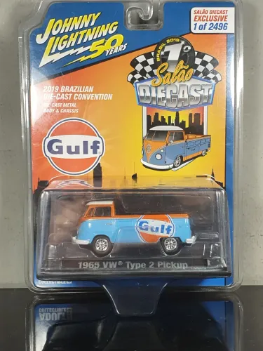 1a Miniatura do Salão Diecast 1965 VW T2 pickup Kombi Gulf da Johnny Lightning