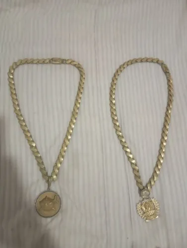 2 Cordões Masculino Friso S, um com Pingente Medalha Tubarão e o outro de Jesus.