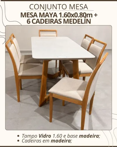Mesa de Jantar elegante Maya com 6 cadeiras de 1.60m