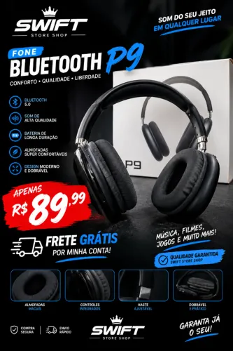 Fone Bluetooth P9 Sem Fio Estéreo Novo - Frete Grátis