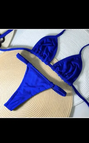 Biquíni feminino, marquinha de fita, com regulagem latral cortiniha, sem bojo simples nó