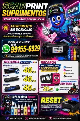 Suprimentos vendas e recargas de impressoras em domicílio