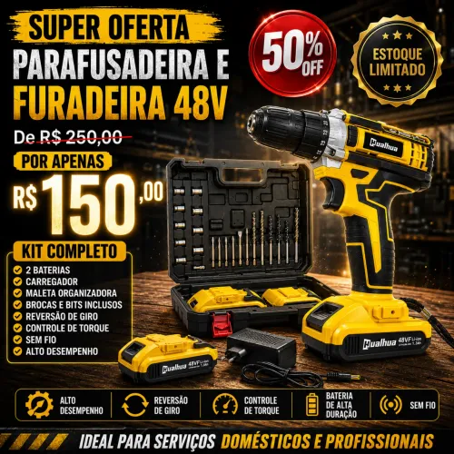 Parafusadeira/Furadeira 48V Sem Fio com Maleta + 2 Baterias