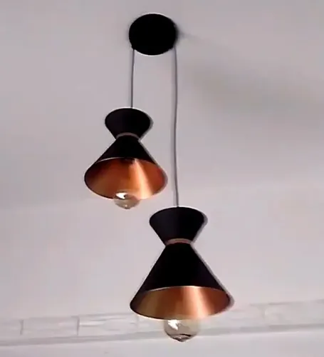 Lustre Pendente Duplo Preto C/ Cobre P/ Bancada Mesa Cozinha Sala de Jantar e outros 