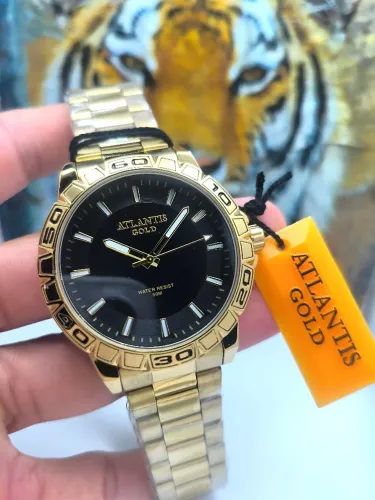 Relógio masculino Atlantis original prova d'água banhado a ouro