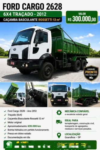FORD CARGO 2628 6x4 TRAÇADO - 2012 | CAÇAMBA BASCULANTE ROSSETTI 13m³