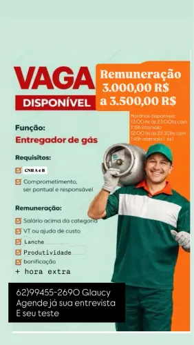 Contrata-se entregador de gás ganhos 3.000,00 R$ a 3.500,00 R$