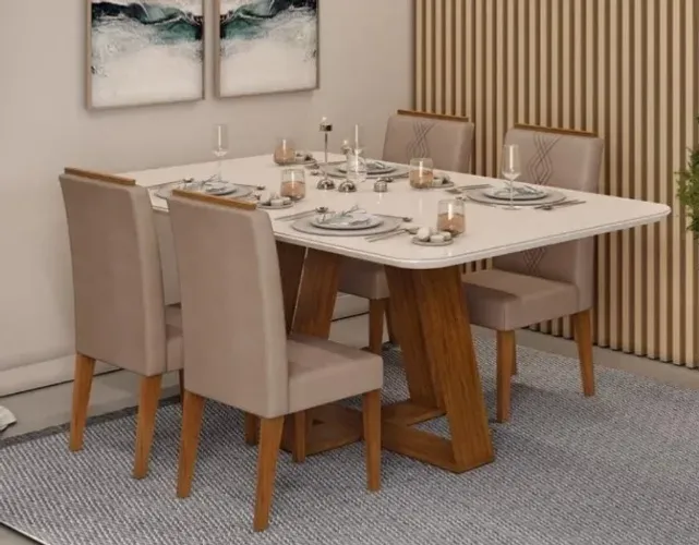 Mesa Quadrada C/4 Cadeiras 120cm Tampo Madeirado Vidro Retang. Em Até 10x Sem Juros