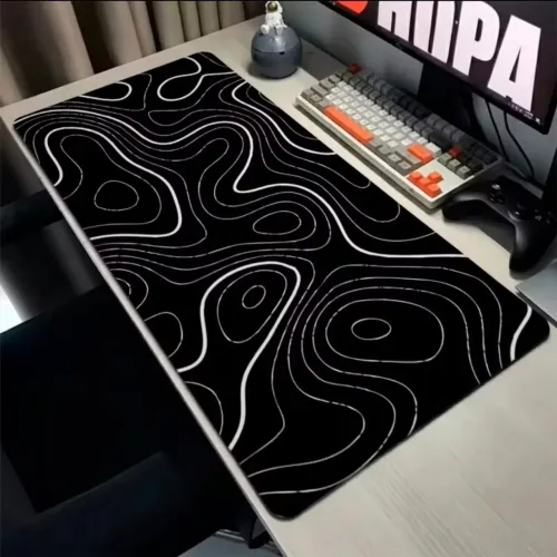 Mousepad 65x30 antiderrapante com borda costurada confortável, preto e branco