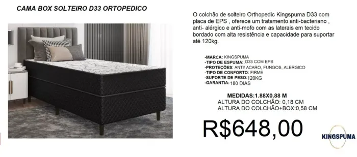Cama box solteiro com colchão d33 espuma kingspuma - frete grátis