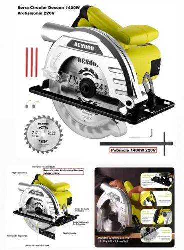 Serra Circular Desoon Elétrica 1400w Profissional 5500rpm Ângulo Ajustável 45° Lápis Disco