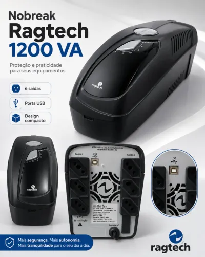 Nobreak Ragtech Easy Way 1200VA USB Senoidal 6 tomadas Bivolt/Saída 115V