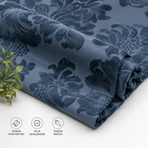 22 - Tecido Decoração Jacquard Veludo | Azul Clássico com Toque Macio | Venda por Metrô