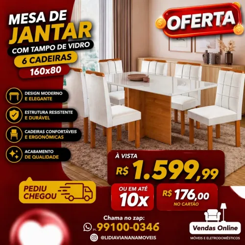 Mesa de jantar 6 cadeiras 160x80 frete grátis entrego hoje R$ 1.599,99 a vista 