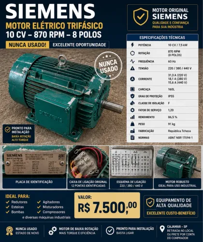 Motor Siemens 10 CV 870 RPM 8 Polos Trifásico