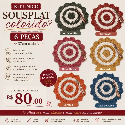 Kit de Sousplat crochê 6 lugares coloridos