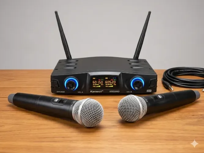 Sistema Duplo de Microfone Sem Fio Karsect KRD200D UHF