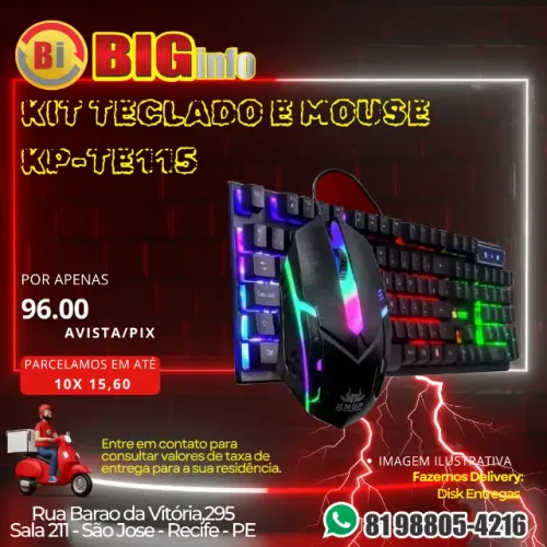 Kit Teclado e Mouse Knup Kp-Te115 Semimecânico e Óptico Gamer RGB - Em ate 10x Fixas