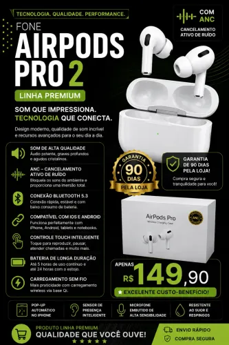 ? AirPods Pro 2 Premium com ANC + Garantia de 90 Dias | R$ 149,90