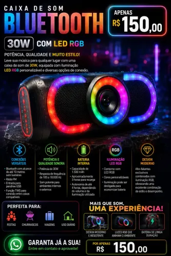 [NOVA]CAIXA DE SOM BLUETOOTH 30W COM LED RGB