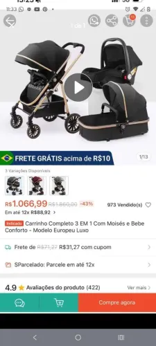 Carrinho de bebê 3 em 1 com moises e bebe conforto
