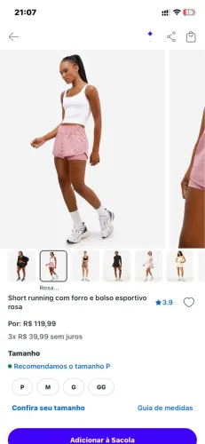 Short para treino tamanho P