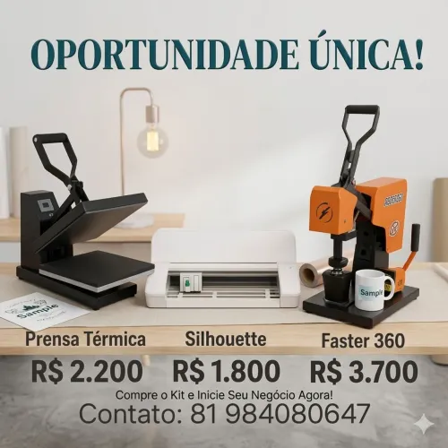 Kit Sublimação e Personalizados: Prensa Térmica + Silhouette + Faster 360