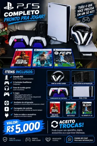 PS5, com 2 manete , ventilador, carregador de controle base. 3 jogos .