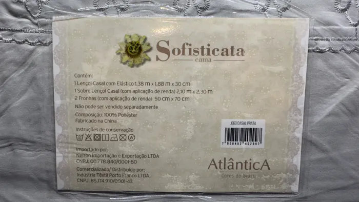 Jogo de Cama Casal Atlântica Sofisticata Prata com Renda - Novo