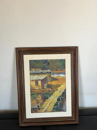 Quadro Antigo década de 80, Óleo Sobre Tela, paisagem bucólica cotidiana.