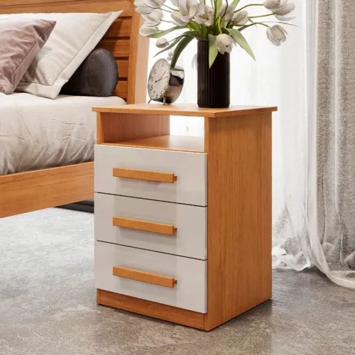 Mesa de Cabeceira 3 Gavetas Malibu Nature/Off White Bianchi