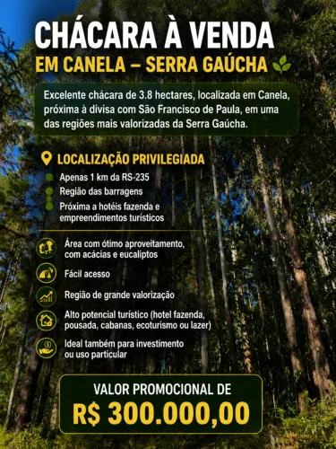 CHÁCARA A VENDA EM CANELA COM 3,8 HECTARES