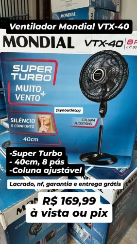Ventilador de Coluna VTX-40 Mondial, 40cm, 8 pás, lacrado, nf, garantia e entrega grátis
