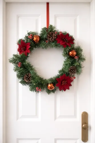Guirlanda de Natal 45cm verde com flores e pinhas