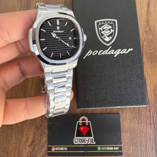 Relógio Masculino Poedagar Prata Fundo Preto Novo com Caixa Entregamos