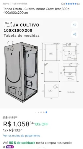 Tenda estufa - Cultivo indoor Grow tent 600d 100x100x200cm