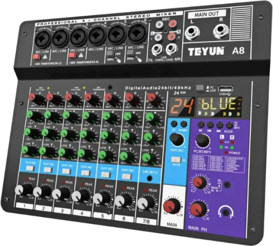 mesa de som teyun a8 8 canais bluetooth phantom power 48v