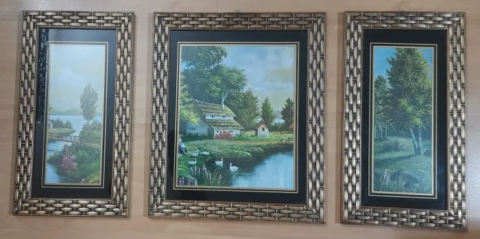 Conjunto de 3 quadros para parede com moldura dourada