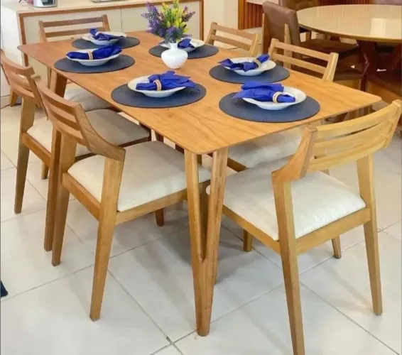 Mesa de jantar 100% madeira moderna elegante assento no linho 6 cadeiras 