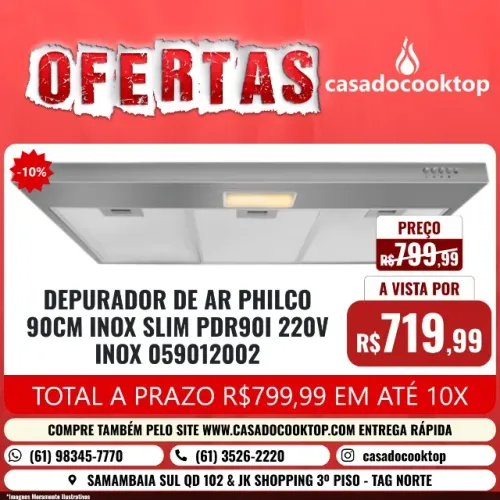 DEPURADOR DE AR PHILCO 90CM INOX SLIM PDR90I 220V INOX 059012002