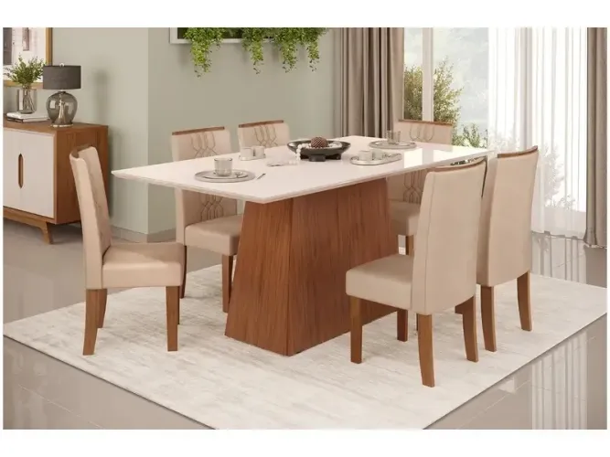 Mesa de Jantar 6 Cadeiras Retangular Freijó Off White e Creme DJ Móveis Copenhague