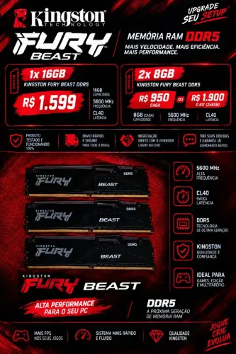 Memória RAM Kingston Fury Beast, RGB, 5600mhz, 32gb